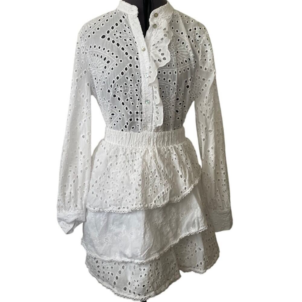 SoAllure 100% Cotton White Eyelet Ruffle Top and Skirt Set • Size 42/S ⬇️
